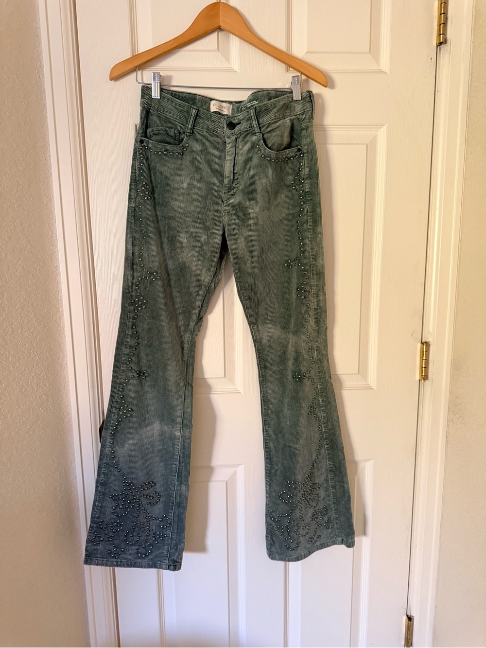 Pilcro Green Studded Boot-Cut Corduroy Velvet Pants, 27